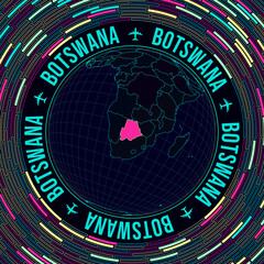 Botswana on globe. Satelite view of the world centered to Botswana. Bright neon style. Futuristic radial bricks background. Appealing vector illustration.