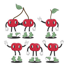 Set of Funny Retro Groovy Cartoon Hippie Berry Characters. Comic Cherries Collection. Groovy Summer Vector Illustration. 90s Sweet Juicy Fresh Fruits
