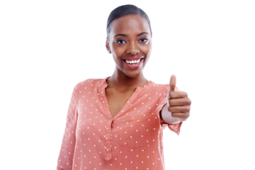Woman, thumbs up and agree or smile in portrait, yes and success or review, vote and emoji or icon. Happy black person, sign and thank you or support, like and isolated on transparent png background