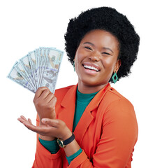 Portrait, money and hands of black woman with bank, loan or payment on isolated, transparent or png...