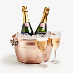 champagne bottles in bucket with ice and glasses
