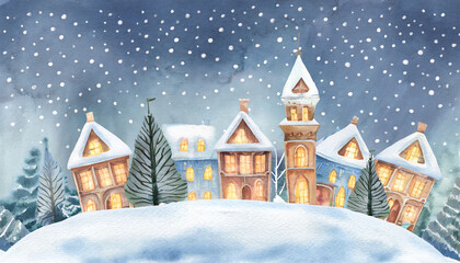 Fototapeta premium Watercolor winter cute town landscape background
