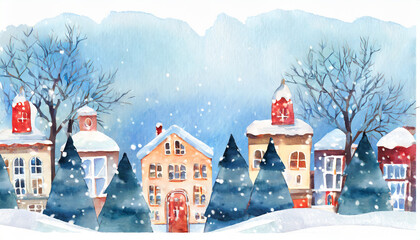 Fototapeta premium Watercolor winter cute town landscape background