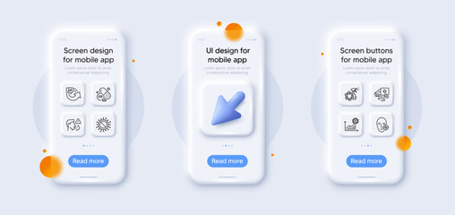 Niacin, Coronavirus spray and Coronavirus line icons pack. 3d phone mockups with cursor. Glass smartphone screen. Problem skin, Ambulance transport, Cough web icon. 24 hours pictogram. Vector