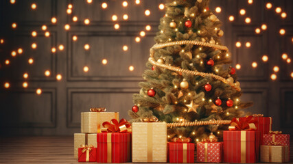 Christmas tree and gifts on a wooden floor with a bokeh background