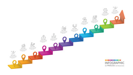 Bar chart rectangular 3d and icons for your Business reports and financial data presentation. Infographics elements diagram with 11 steps, options, Vector illustration.