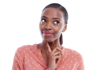 Black woman, thinking and smile for idea, vision and planning or isolated on transparent png background. Happy female person, insight and brainstorming or inspiration, start up and entrepreneur