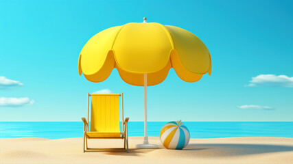 Beach chair with umbrella and ball in the sand