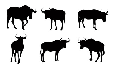 Tailed gnu silhouettes set with unique pose - obrazy, fototapety, plakaty