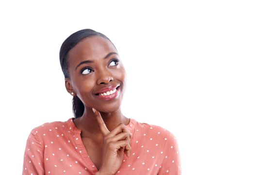 Black woman, thinking and smile for vision, planning and idea or isolated on transparent png background. Happy female person, insight and brainstorming or inspiration, start up and entrepreneur