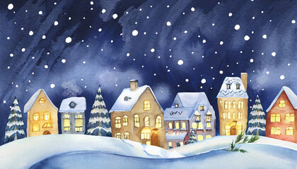 Watercolor winter cute town landscape background at night