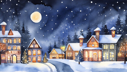 Obraz na płótnie Canvas Watercolor winter cute town landscape background at night