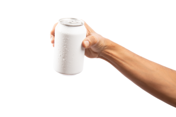 Black male hand holding a fresh white drinking can mockup of beer or soda