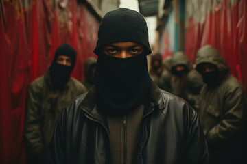 African American gang of bandits, serious dangerous guy in a black mask looking at camera on street