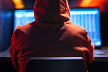 A hooded hacker sits at a table with a computer. Hacking and malware concept. Generated by...
