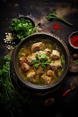 Herbal pork ribs soup in clay pot or bowl overhead view.