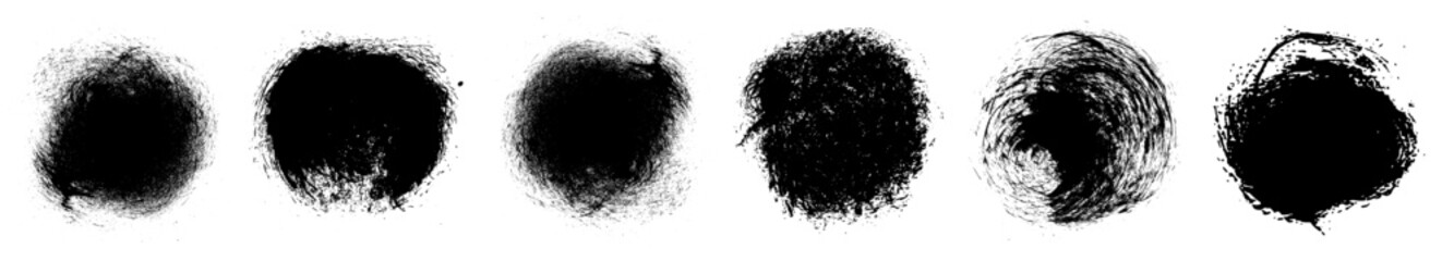 Grunge vector round brush paint strokes. Grungy rough ink blot shape scribbles. Punk style circle splash brushstroke background textures. High definition trace brush stroke elements. Watercolor art
