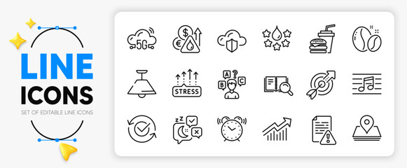Sleep, Search book and Hamburger line icons set for app include Approved, Ceiling lamp, Quality outline thin icon. Demand curve, Target, Musical note pictogram icon. 5g cloud. Vector