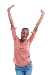 Happy, hands up or black woman isolated for celebration, achievement or goal on png background....