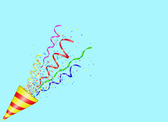 Party popper with flying confetti. Yellow and red firecracker explodes with serpentine. Birthday and anniversary banner with empty space for text