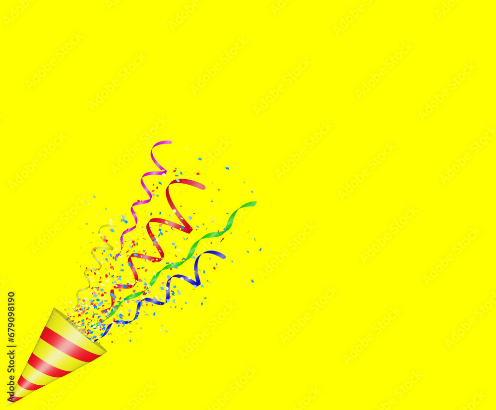 Aufkleber Party popper with flying confetti. Yellow and red firecracker explodes with serpentine. Birthday and anniversary banner with yellow background. Empty space for text