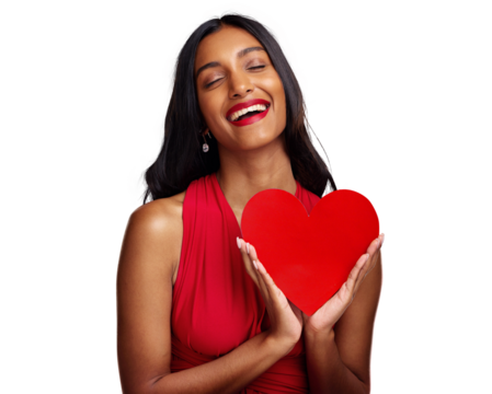 Love, heart and woman with romance on valentines day isolated on png transparent background with smile. Red lips, emoji and happy young female holding a shape or symbol of affection, care or sign