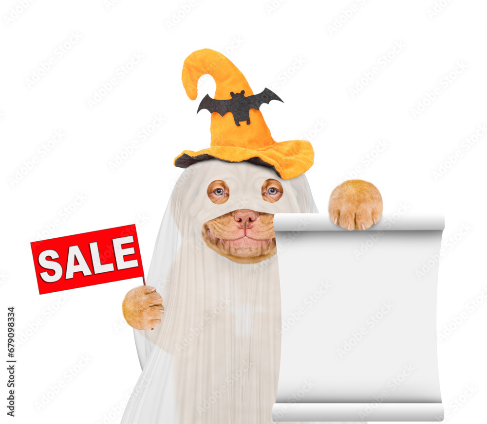 Poster smiling mastiff puppy dog celebrating halloween in ghost costume shows signboard with labeled 