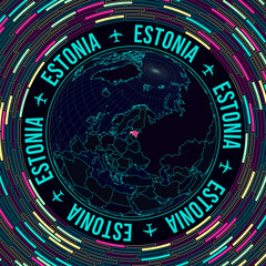 Estonia on globe. Satellite view of the world centered to Estonia. Bright neon style. Futuristic radial bricks background. Superb vector illustration.