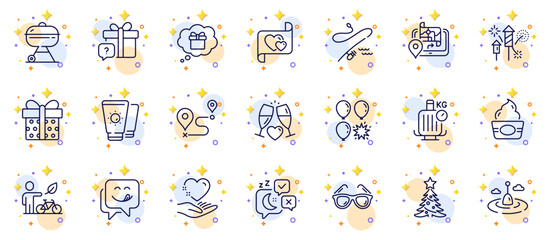 Outline set of Fishing rod, Journey and Balloon dart line icons for web app. Include Ice cream, Fishing float, Wedding glasses pictogram icons. Christmas tree, Hold heart, Grill signs. Vector
