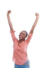 Excited, black woman or hands up for celebration, achievement or goal on png background. Transparent, happy winner or isolated African person with lotto success for target, bonus or sale announcement