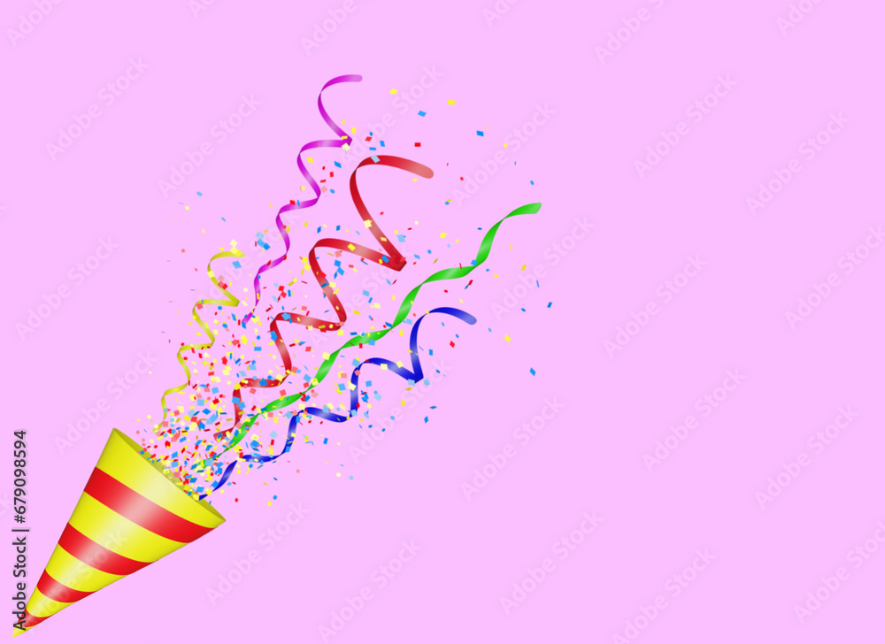 Aufkleber Party popper with flying confetti. Yellow and red firecracker explodes with serpentine. Birthday and anniversary banner with empty space for text