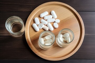 Collagen pills and glass of water on wooden tray . AI Generated