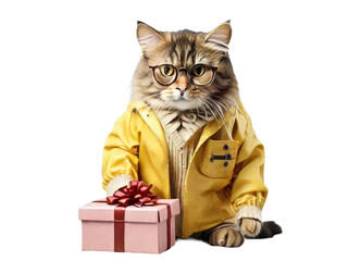 A cat wearing glasses and a yellow jacket holding gift box