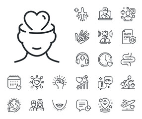 Psychology therapy sign. Online doctor, patient and medicine outline icons. Mental health line icon. Love and care symbol. Mental health line sign. Veins, nerves and cosmetic procedure icon. Vector