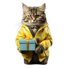 A cat wearing glasses and a yellow jacket holding gift box