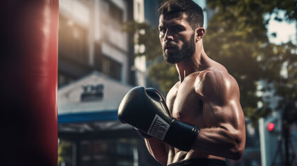 Professional boxer performing an intense training session in the city
