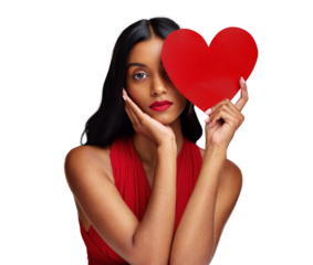 Woman, paper heart and makeup in portrait, face and beauty for romantic sign on isolated transparent png background. Girl, fashion model and cardboard emoji for love, cosmetic and valentines day