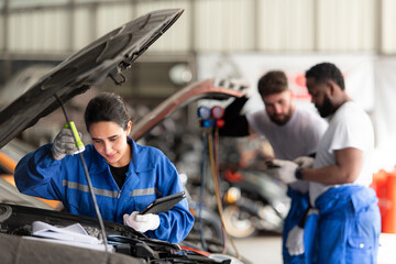 Fototapeta na wymiar Car mechanic working in an auto repair shop, inspecting the operation of the car's air conditioner and refrigerant, Focus on woman