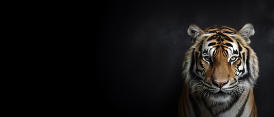 Fototapeta premium Front view of tiger on dark gray background. Wild animals banner with copy space