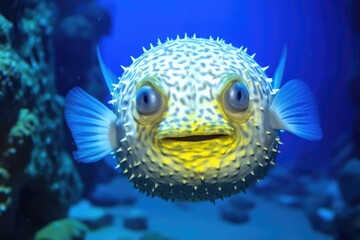 Fototapeta na wymiar close-up view of puffer fish in an illuminated tank
