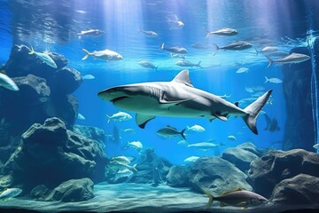 sharks swimming ominously in a large tank