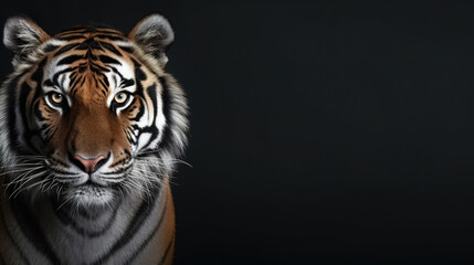 Fototapeta premium Front view of tiger on dark gray background. Wild animals banner with copy space