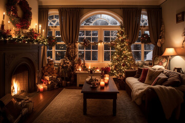 Fototapeta na wymiar Fireside Festivities Cozy Holiday Living Room
