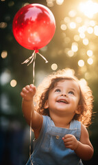 lachendes Kind mit roten Ballon im Sonnenlicht