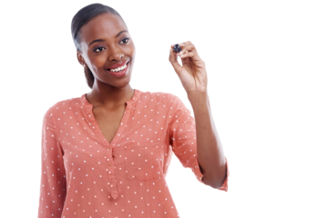 Isolated woman, thinking and pen for writing, planning and brainstorming for ideas by transparent png background. African student, vision and happy for problem solving, solution or strategy for study