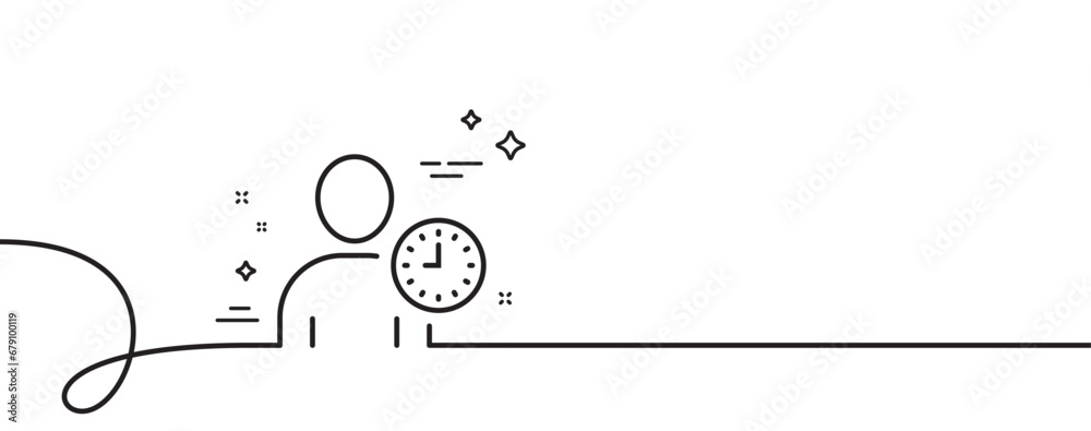 Poster user with clock line icon. continuous one line with curl. profile avatar with time sign. person silh