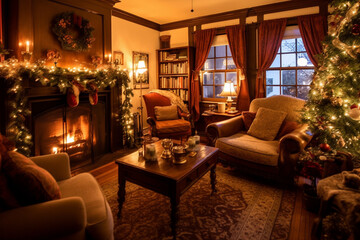Fototapeta na wymiar Fireside Festivities Cozy Holiday Living Room