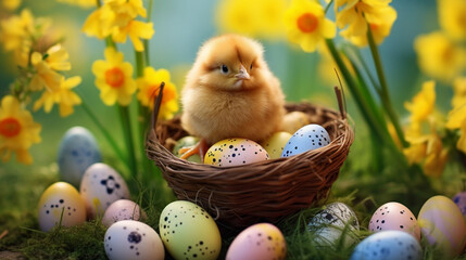 Cute little and cute yellow chickens with Easter eggs