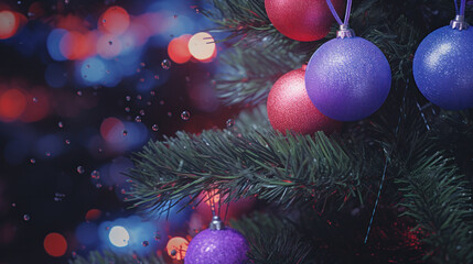 Christmas decorations on the Christmas tree on background. Selective focus with shallow depth of field.