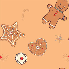 The concept of a festive New Year's Christmas seamless pattern with gingerbread heart, star, man. vector image